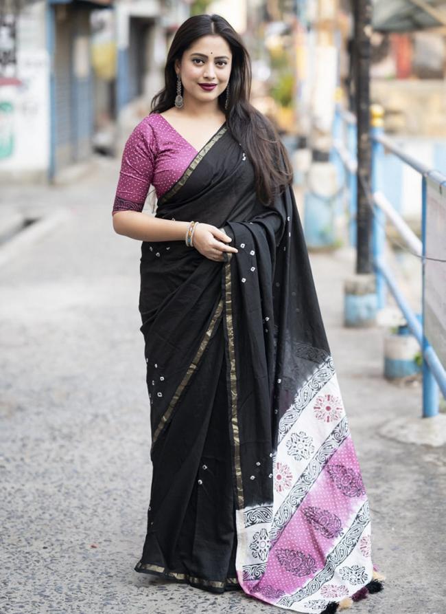 Soft Pure Chanderi Black Traditional Wear Bandhani Print Saree